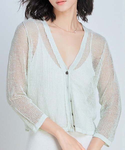SAISON DE PAPILLON（セゾンドパピヨン）の「ショート丈透かし編み薄手カーディガン（カーディガン/ボレロ・レディース・ミント/ベージュ/ブラック・M/L）」の3枚目の写真
