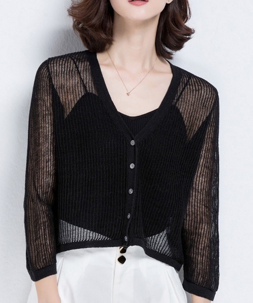 SAISON DE PAPILLON（セゾンドパピヨン）の「ショート丈透かし編み薄手カーディガン（カーディガン/ボレロ・レディース・ミント/ベージュ/ブラック・M/L）」の2枚目の写真