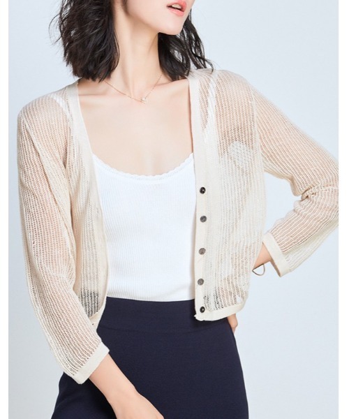 SAISON DE PAPILLON（セゾンドパピヨン）の「ショート丈透かし編み薄手カーディガン（カーディガン/ボレロ・レディース・ミント/ベージュ/ブラック・M/L）」の4枚目の写真