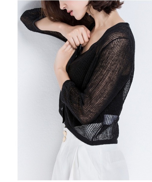 SAISON DE PAPILLON（セゾンドパピヨン）の「ショート丈透かし編み薄手カーディガン（カーディガン/ボレロ・レディース・ミント/ベージュ/ブラック・M/L）」の6枚目の写真