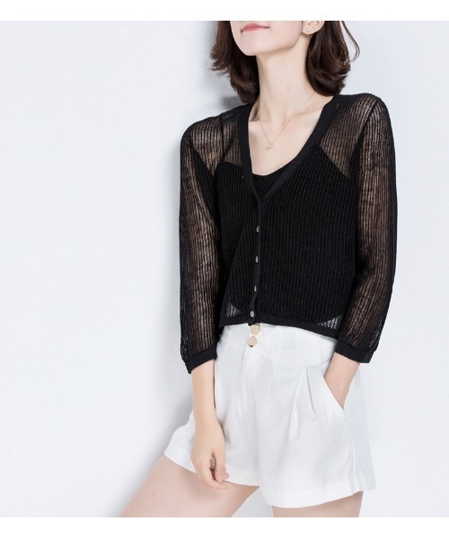SAISON DE PAPILLON（セゾンドパピヨン）の「ショート丈透かし編み薄手カーディガン（カーディガン/ボレロ・レディース・ミント/ベージュ/ブラック・M/L）」の7枚目の写真