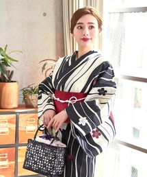 Ninarobe（ニーナローブ）の「浴衣セット レディース モノトーン×桜 ストライプ 縦縞 レトロ 大人 ゆかた2点セット 浴衣 平帯（浴衣）」
