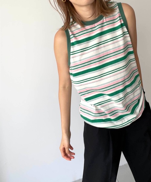 CANAL JEAN(キャナルジーン)の「RED CHOP WORKS(レッドチョップワークス) マルチボーダータンクトップ(タンクトップ・レディース・ネイビー/グリーン・38)」の6枚目の写真