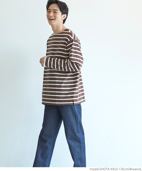 coca(coca)(コカ)の「メンズ ハリ感ボーダーボートネックTシャツ(Tシャツ/カットソー・メンズ・ホワイト/ブラック/ブラウン・S/M/L/XL)」の5枚目の写真
