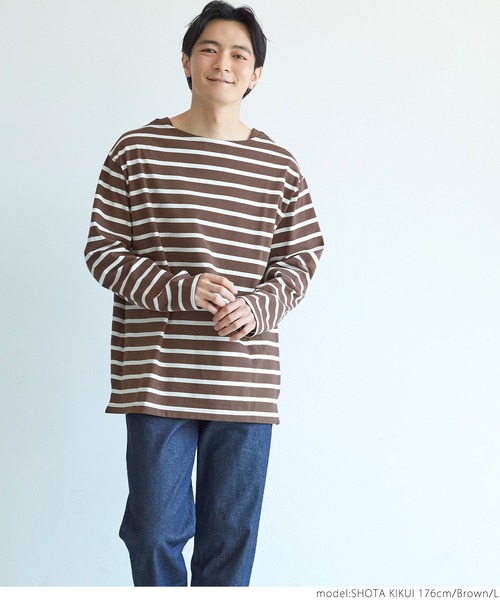 coca(coca)(コカ)の「メンズ ハリ感ボーダーボートネックTシャツ(Tシャツ/カットソー・メンズ・ホワイト/ブラック/ブラウン・S/M/L/XL)」の7枚目の写真