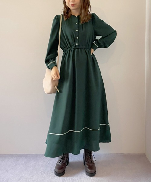OLIVE des OLIVE（オリーブデオリーブ）の「【人気アイテム再入荷】レトロなパイピングが映える！すずらん長袖ワンピース（ワンピース・レディース・サックスブルー/グリーン/ブラウン/ブラック/ラベンダー・FREE）」の6枚目の写真