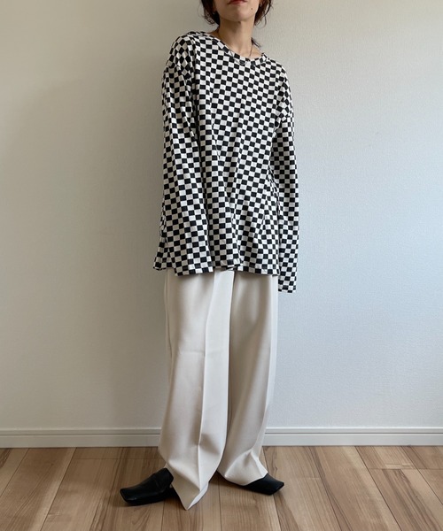 wee9s（ウィークス）の「over size block check long sleeve tee /  オーバーサイズチェッカーロンティー（Tシャツ/カットソー・レディース・ブラック/ライム・FREE）」の4枚目の写真