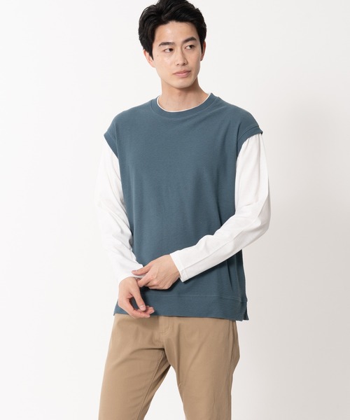 Blue Standard (ブルースタンダード)の「【BLUE STANDARD/ブルースタンダード】ブロックインレイフェイクベスト フェイクレイヤード ロンT&ベスト(Tシャツ/カットソー・メンズ・グレー/ブルー/アイボリー・MEDIUM/LARGE/X-LARGE)」の3枚目の写真