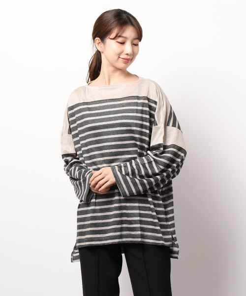 美品 mizuiroind★ リネン ボーダー バスク シャツ カットソー mizuiroind（ミズイロインド）の「mizuiro ind リネンボーダーバスク