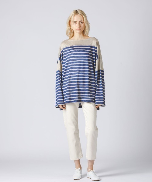 美品 mizuiroind★ リネン ボーダー バスク シャツ カットソー 美品 mizuiroind☆ リネン ボーダー バスク シャツ カットソー