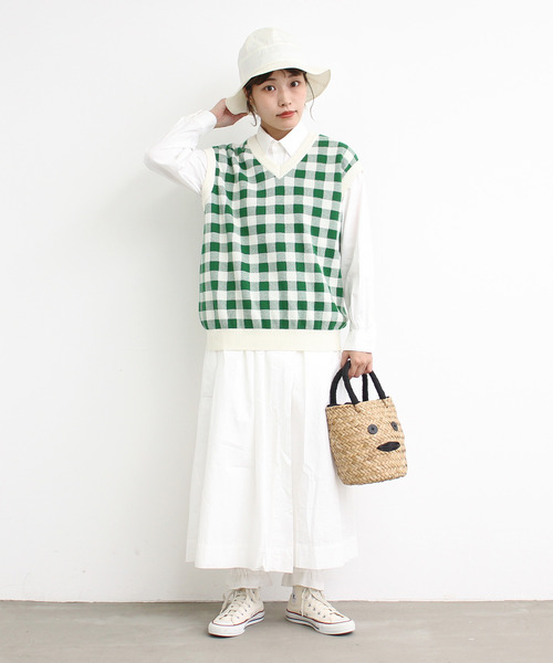 Dot＆Stripes CHILD WOMAN（ドットアンドストライプス　チャイルドウーマン）の「☆ギンガムジャガード　Vネックベスト（ベスト・レディース・ブラウン/グリーン/ピンク・FREE）」の2枚目の写真