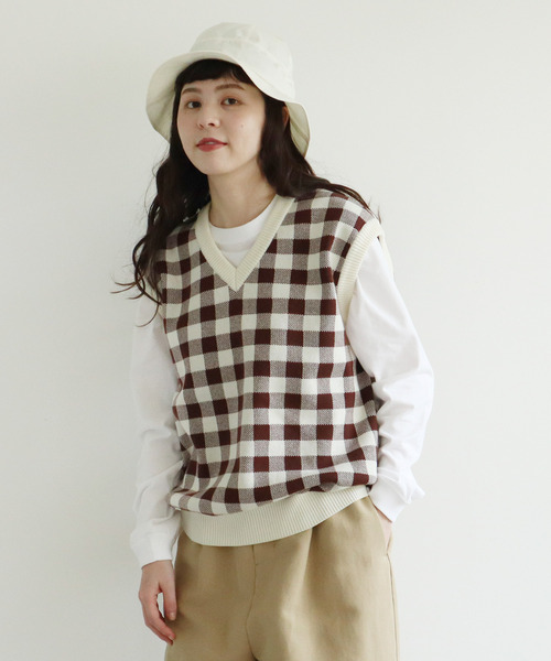 Dot＆Stripes CHILD WOMAN（ドットアンドストライプス　チャイルドウーマン）の「☆ギンガムジャガード　Vネックベスト（ベスト・レディース・ブラウン/グリーン/ピンク・FREE）」の13枚目の写真