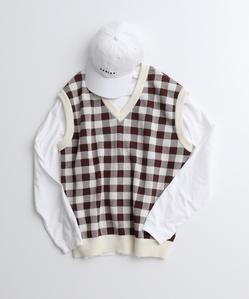 Dot＆Stripes CHILD WOMAN（ドットアンドストライプス　チャイルドウーマン）の「☆ギンガムジャガード　Vネックベスト（ベスト・レディース・ブラウン/グリーン/ピンク・FREE）」の17枚目の写真