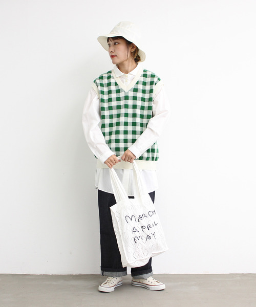 Dot＆Stripes CHILD WOMAN（ドットアンドストライプス　チャイルドウーマン）の「☆ギンガムジャガード　Vネックベスト（ベスト・レディース・ブラウン/グリーン/ピンク・FREE）」の7枚目の写真
