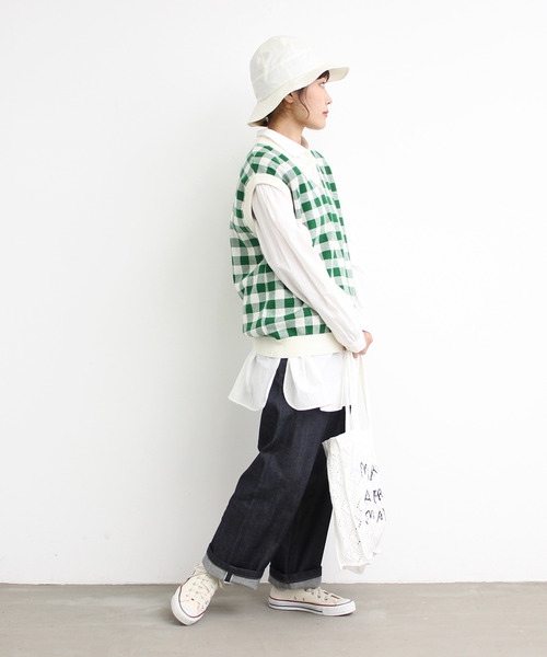 Dot＆Stripes CHILD WOMAN（ドットアンドストライプス　チャイルドウーマン）の「☆ギンガムジャガード　Vネックベスト（ベスト・レディース・ブラウン/グリーン/ピンク・FREE）」の8枚目の写真