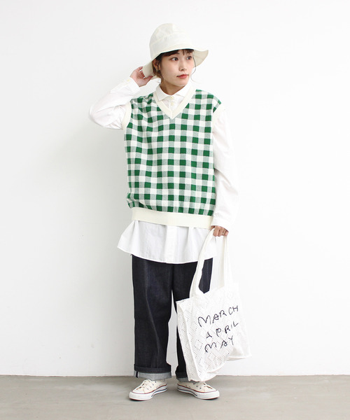 Dot＆Stripes CHILD WOMAN（ドットアンドストライプス　チャイルドウーマン）の「☆ギンガムジャガード　Vネックベスト（ベスト・レディース・ブラウン/グリーン/ピンク・FREE）」の9枚目の写真
