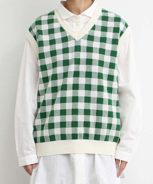 Dot＆Stripes CHILD WOMAN（ドットアンドストライプス　チャイルドウーマン）の「☆ギンガムジャガード　Vネックベスト（ベスト・レディース・ブラウン/グリーン/ピンク・FREE）」の18枚目の写真