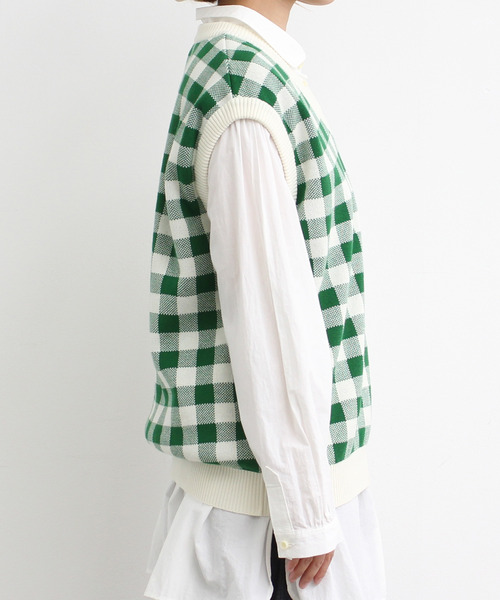 Dot＆Stripes CHILD WOMAN（ドットアンドストライプス　チャイルドウーマン）の「☆ギンガムジャガード　Vネックベスト（ベスト・レディース・ブラウン/グリーン/ピンク・FREE）」の19枚目の写真