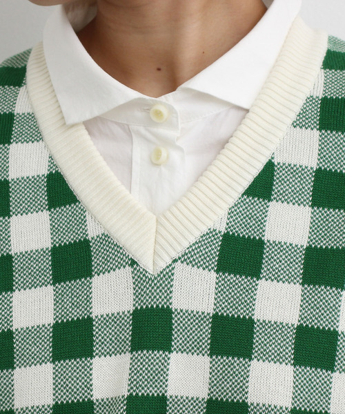 Dot＆Stripes CHILD WOMAN（ドットアンドストライプス　チャイルドウーマン）の「☆ギンガムジャガード　Vネックベスト（ベスト・レディース・ブラウン/グリーン/ピンク・FREE）」の21枚目の写真