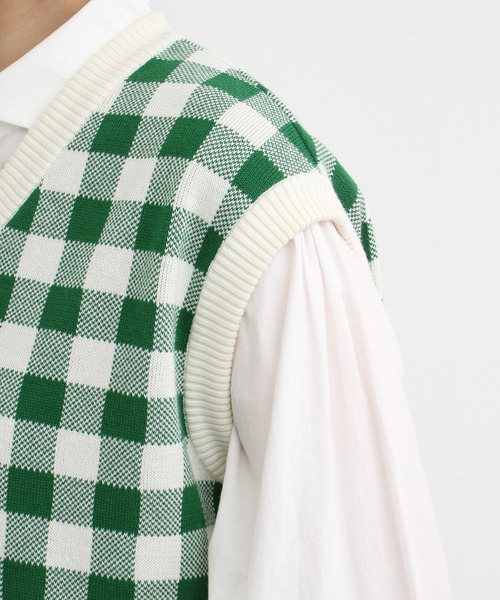 Dot＆Stripes CHILD WOMAN（ドットアンドストライプス　チャイルドウーマン）の「☆ギンガムジャガード　Vネックベスト（ベスト・レディース・ブラウン/グリーン/ピンク・FREE）」の22枚目の写真