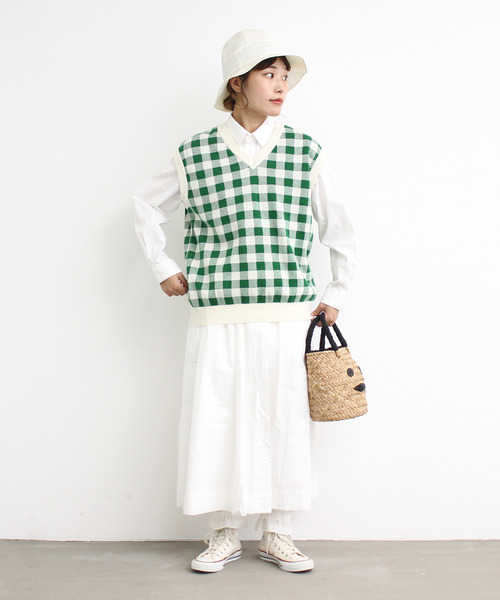 Dot＆Stripes CHILD WOMAN（ドットアンドストライプス　チャイルドウーマン）の「☆ギンガムジャガード　Vネックベスト（ベスト・レディース・ブラウン/グリーン/ピンク・FREE）」の10枚目の写真
