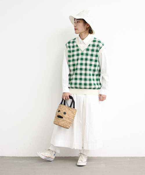 Dot＆Stripes CHILD WOMAN（ドットアンドストライプス　チャイルドウーマン）の「☆ギンガムジャガード　Vネックベスト（ベスト・レディース・ブラウン/グリーン/ピンク・FREE）」の11枚目の写真