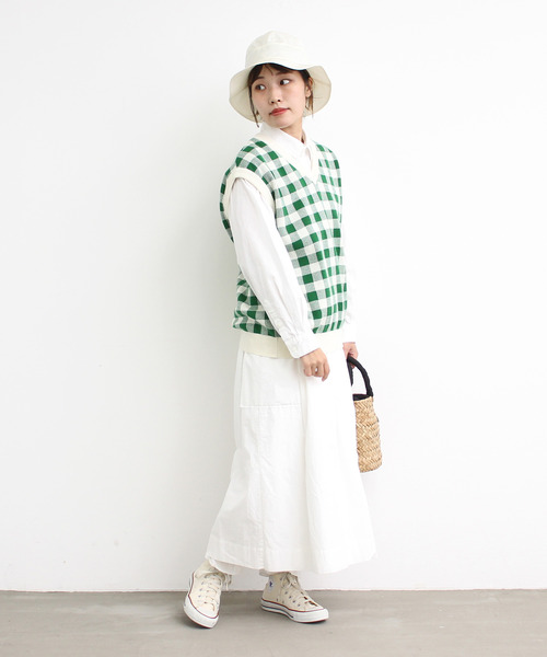 Dot＆Stripes CHILD WOMAN（ドットアンドストライプス　チャイルドウーマン）の「☆ギンガムジャガード　Vネックベスト（ベスト・レディース・ブラウン/グリーン/ピンク・FREE）」の12枚目の写真