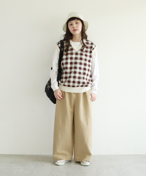 Dot＆Stripes CHILD WOMAN（ドットアンドストライプス　チャイルドウーマン）の「☆ギンガムジャガード　Vネックベスト（ベスト・レディース・ブラウン/グリーン/ピンク・FREE）」の16枚目の写真