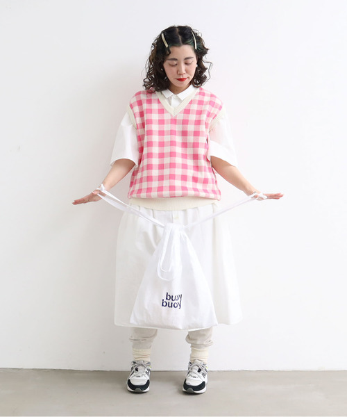 Dot＆Stripes CHILD WOMAN（ドットアンドストライプス　チャイルドウーマン）の「☆ギンガムジャガード　Vネックベスト（ベスト・レディース・ブラウン/グリーン/ピンク・FREE）」の6枚目の写真