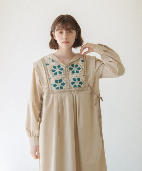 新品コムデギャルソンクロシェ編み丸襟リネンニットロングワンピース半袖希少ベージュ idem（イデム）の「crochet knit vest × sailor onepiece/クロシェ