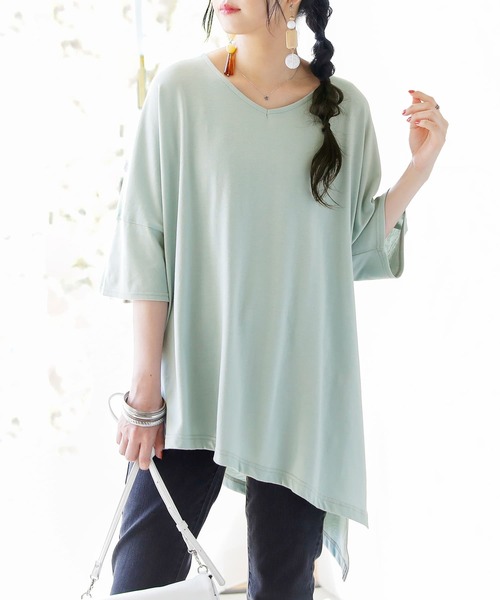 osharewalker（オシャレウォーカー）の「【廃盤】『裾アシメビッグカットソー』（Tシャツ/カットソー・レディース・ブラック/ネイビー/レッド/オフホワイト/ミント/モカ/ラベンダー・FREE）」の9枚目の写真