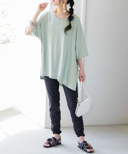 osharewalker（オシャレウォーカー）の「【廃盤】『裾アシメビッグカットソー』（Tシャツ/カットソー・レディース・ブラック/ネイビー/レッド/オフホワイト/ミント/モカ/ラベンダー・FREE）」の13枚目の写真