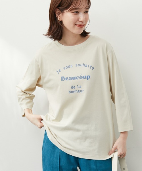 Green　Parks（グリーンパークス）の「七分袖ロゴTシャツ（Tシャツ/カットソー・レディース・ベージュ/オフホワイト・FREE）」の2枚目の写真