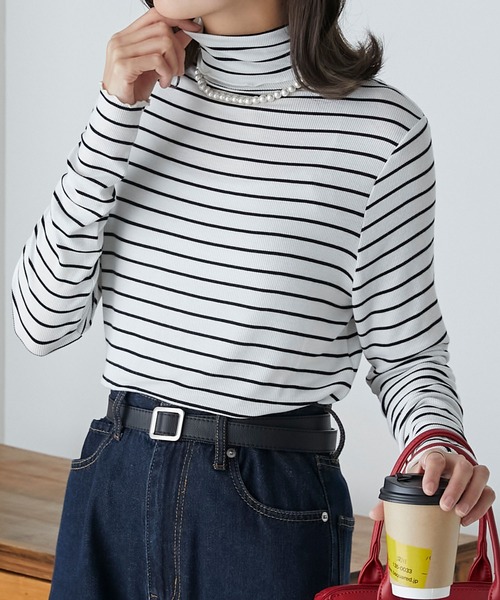 BONLECILL（ボンルシール）の「＜吸湿発熱＞ ハイネック メローリブインナープルオーバー（Tシャツ/カットソー・レディース・ネイビー/グリーン/アイボリー/パープル/マスタード/レッド/ブラック/オフホワイト/ホワイト×ブラック/チャコールグレー/ブルー/ブラック系その他・FREE）」の3枚目の写真