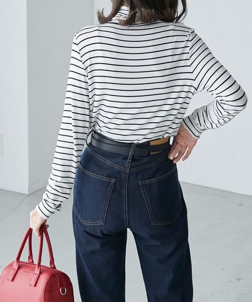 BONLECILL（ボンルシール）の「＜吸湿発熱＞ ハイネック メローリブインナープルオーバー（Tシャツ/カットソー・レディース・ネイビー/グリーン/アイボリー/パープル/マスタード/レッド/ブラック/オフホワイト/ホワイト×ブラック/チャコールグレー/ブルー/ブラック系その他・FREE）」の22枚目の写真