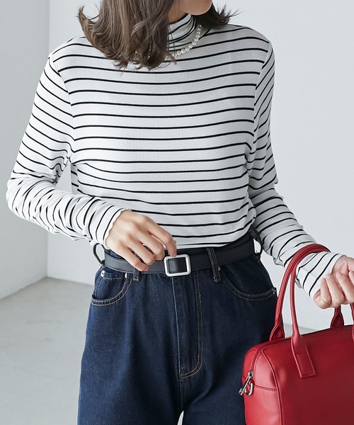 BONLECILL（ボンルシール）の「＜吸湿発熱＞ ハイネック メローリブインナープルオーバー（Tシャツ/カットソー・レディース・ネイビー/グリーン/アイボリー/パープル/マスタード/レッド/ブラック/オフホワイト/ホワイト×ブラック/チャコールグレー/ブルー/ブラック系その他・FREE）」の21枚目の写真