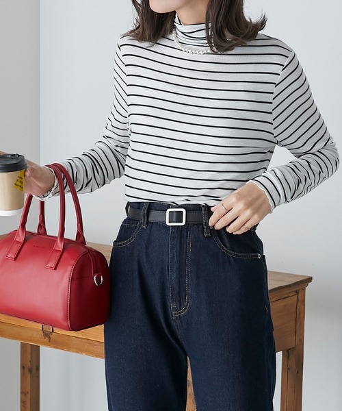 BONLECILL（ボンルシール）の「＜吸湿発熱＞ ハイネック メローリブインナープルオーバー（Tシャツ/カットソー・レディース・ネイビー/グリーン/アイボリー/パープル/マスタード/レッド/ブラック/オフホワイト/ホワイト×ブラック/チャコールグレー/ブルー/ブラック系その他・FREE）」の18枚目の写真