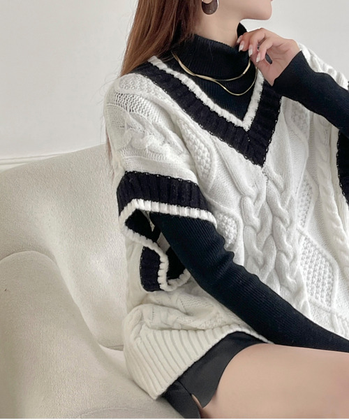 BANNER SELECT(バナーセレクト)の「配色ケーブルニットベスト(ベスト・レディース・チャコールグレー/ブラック/ベージュ/カーキ/ホワイト・FREE)」の2枚目の写真