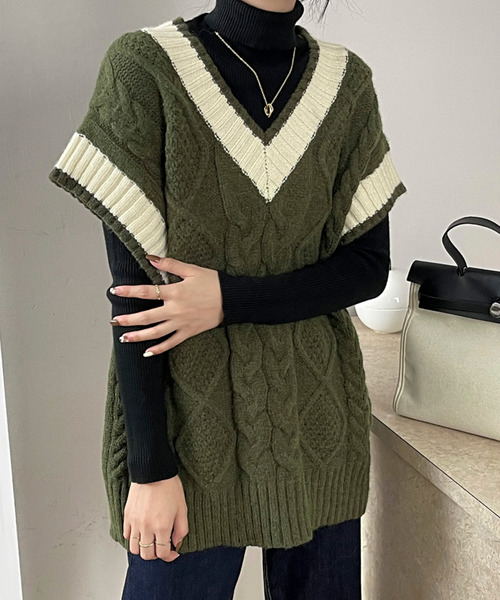 BANNER SELECT(バナーセレクト)の「配色ケーブルニットベスト(ベスト・レディース・チャコールグレー/ブラック/ベージュ/カーキ/ホワイト・FREE)」の5枚目の写真