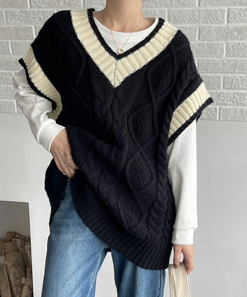 BANNER SELECT(バナーセレクト)の「配色ケーブルニットベスト(ベスト・レディース・チャコールグレー/ブラック/ベージュ/カーキ/ホワイト・FREE)」の6枚目の写真