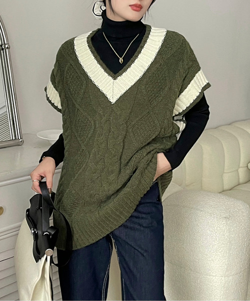 BANNER SELECT(バナーセレクト)の「配色ケーブルニットベスト(ベスト・レディース・チャコールグレー/ブラック/ベージュ/カーキ/ホワイト・FREE)」の15枚目の写真