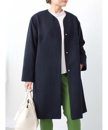 【M~5L 大きいサイズ】ウール混 ノーカラー パイピング コート