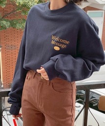 2022 AW 秋冬 韓国ファッション スウェット レディース Welcome刺繍ロゴスウェット トレーナー ワンポイント刺繍 ビッグシルエット オーバーサイズ