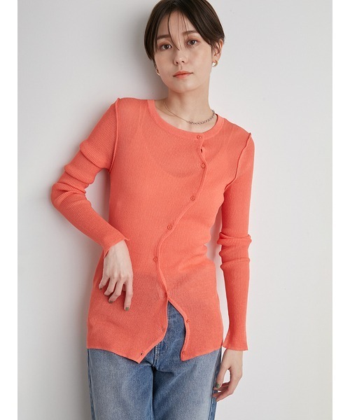 emmi（エミ）の「【emmi atelier】アシンメトリーシアーカーディガン（ニット/セーター・レディース・オレンジ/ホワイト/ライム/ブラック・FREE）」の4枚目の写真