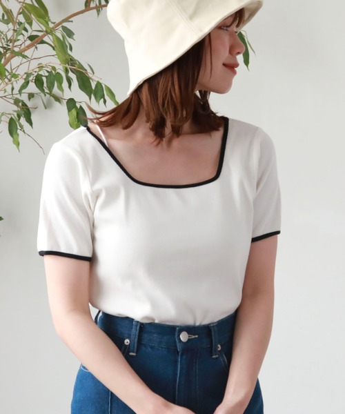 archives(アルシーヴ)の「パイピング2wayリブTOPS(Tシャツ/カットソー・レディース・オフホワイト/ブラック系その他/ホワイト×ブルー/ホワイト×グリーン・MEDIUM)」の6枚目の写真