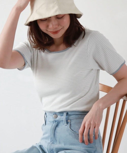 archives(アルシーヴ)の「パイピング2wayリブTOPS(Tシャツ/カットソー・レディース・オフホワイト/ブラック系その他/ホワイト×ブルー/ホワイト×グリーン・MEDIUM)」の18枚目の写真