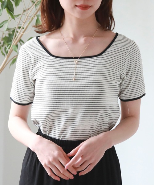 archives(アルシーヴ)の「パイピング2wayリブTOPS(Tシャツ/カットソー・レディース・オフホワイト/ブラック系その他/ホワイト×ブルー/ホワイト×グリーン・MEDIUM)」の12枚目の写真