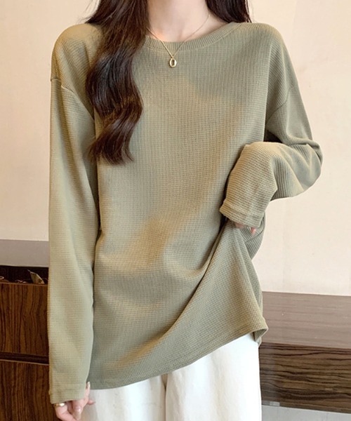 Dewlily（デューリリー）の「ラウンドネックトップス（Tシャツ/カットソー・レディース・グリーン/クリーム/ホワイト・M/L）」の3枚目の写真