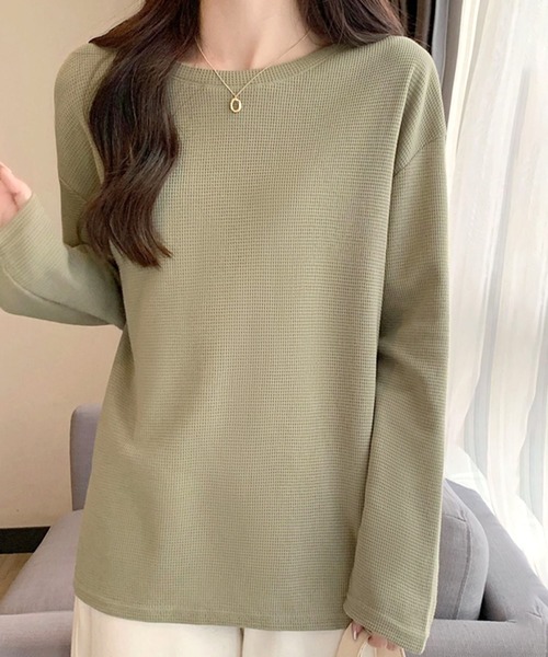 Dewlily（デューリリー）の「ラウンドネックトップス（Tシャツ/カットソー・レディース・グリーン/クリーム/ホワイト・M/L）」の4枚目の写真