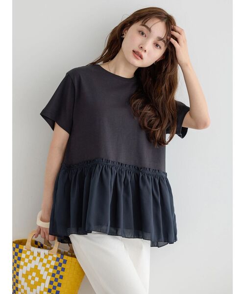AMERICAN HOLIC(アメリカンホリック)の「裾フリル異素材カットプルオーバー(Tシャツ/カットソー・レディース・ネイビー/オフホワイト・L/M)」の3枚目の写真